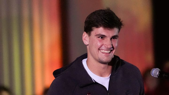 Tuscaloosa, Alabama, USA; Team captain Ty Simpson speaks during the homecoming pep rally in front of the Amelia Gayle Gorgas Library.
