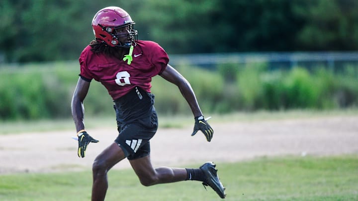 DeShawn Hall runs pass routes during Prattville High School football pracice in Prattville Ala., on Thursday August 7, 2025.