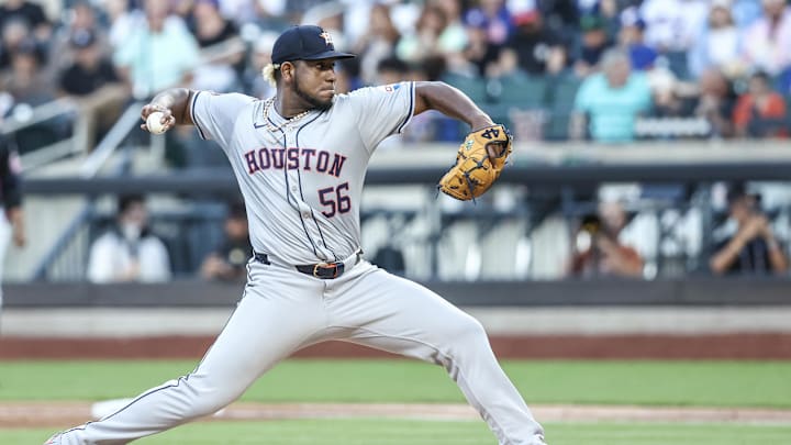 Houston Astros starting pitcher Ronel Blanco (56) pitches in the first inning against the New York Mets at Citi Field on June 28.