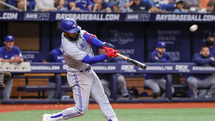 Toronto Blue Jays right fielder Teoscar Hernandez (37) hits a two run home run during the eighth inning against the Toronto Blue Jays at Tropicana Field in 2022. Toronto Blue Jays right fielder Teoscar Hernandez (37) hits a two run home run during the eighth inning against the Toronto Blue Jays at Tropicana Field in 2022.