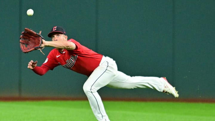 Cleveland Guardians center fielder Myles Straw (7) catches a ball hit by Tampa Bay Rays second baseman Brandon Lowe (not pictured) during the sixth inning at Progressive Field. Cleveland Guardians center fielder Myles Straw (7) catches a ball hit by Tampa Bay Rays second baseman Brandon Lowe (not pictured) during the sixth inning at Progressive Field.