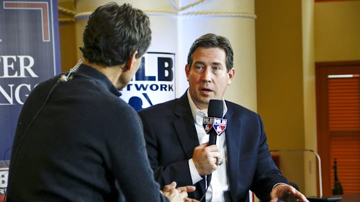 Dec 13, 2017; Orlando, FL, USA; Television personality Christopher Russo (left) interviews Giants General Manager Bobby Evans during the MLB winter meetings at Walt Disney World Swan and Dolphin Resort. Dec 13, 2017; Orlando, FL, USA; Television personality Christopher Russo (left) interviews Giants General Manager Bobby Evans during the MLB winter meetings at Walt Disney World Swan and Dolphin Resort.