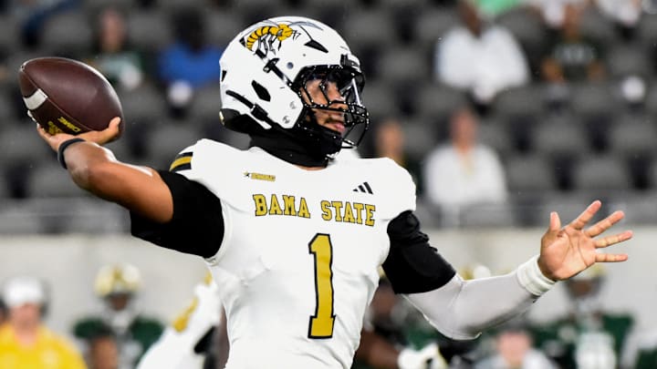 Alabama State quarterback Andrew Body (1) passes against UAB during their game at Protective Stadium in Birmingham Ala., on Thursday evening August 27, 2025.