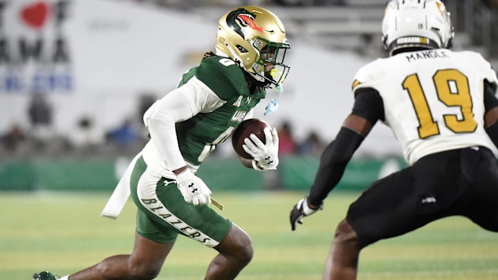 UAB’s wide receiver Iverson Hooks (0) carries the ball against Alabama State during their game at Protective Stadium in Birmingham Ala., on Thursday evening August 27, 2025.