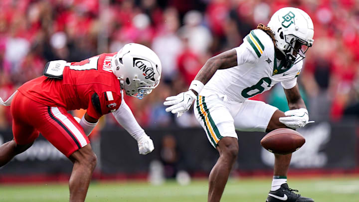 Baylor Bears wide receiver Ashtyn Hawkins (6) fumbles the ball in the second quarter of a NCAA men’s football game between the Cincinnati Bearcats and Baylor Bears, Saturday, Oct. 25, 2025, at Nippert Stadium in Cincinnati Baylor Bears wide receiver Ashtyn Hawkins (6) fumbles the ball in the second quarter of a NCAA men’s football game between the Cincinnati Bearcats and Baylor Bears, Saturday, Oct. 25, 2025, at Nippert Stadium in Cincinnati