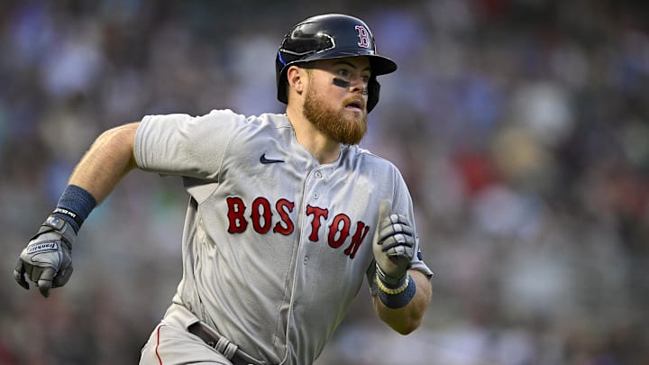 Jun 20, 2023; Minneapolis, Minnesota, USA;  Boston Red Sox infielder Christian Arroyo (39) runs to second on a double while driving in two runs against the Minnesota Twins during the seventh inning at Target Field. Mandatory Credit: Nick Wosika-Imagn Images