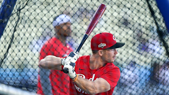Cincinnati Reds second baseman Matt McLain (9) warmup ahead of the MLB National League Wild Card Game 2 between the Cincinnati Reds and LA Dodgers, Wednesday, Oct. 1, 2025, at Dodger Stadium in Los Angeles, California.