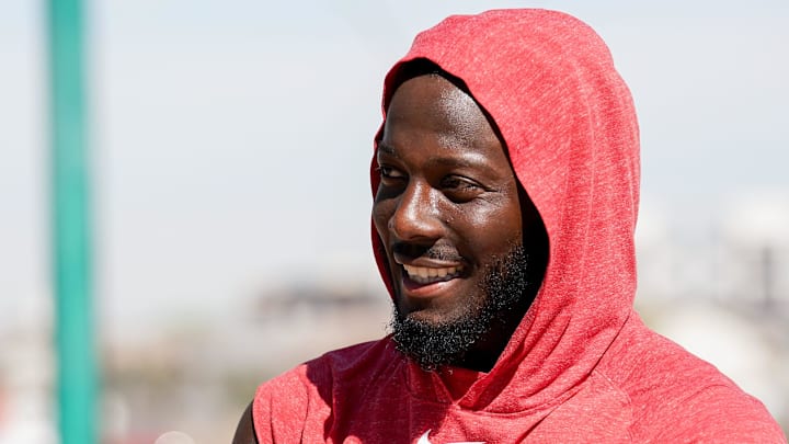 Cincinnati Reds shortstop Elly De La Cruz (44) smiles while being interviewed during spring training, Thursday, Feb. 26, 2026, at the Cincinnati Reds Player Development Complex in Goodyear, Ariz.