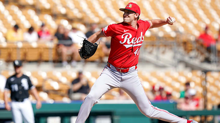 Cincinnati Reds pitcher Nick Lodolo (40) throws a pitch in the first inning of a Cactus League game between the Cincinnati Reds and Chicago White Sox, Wednesday, Feb. 25, 2026, at