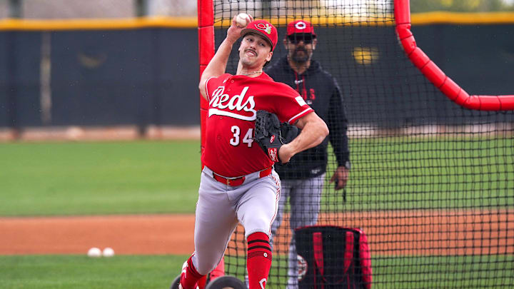 Cincinnati Reds pitcher Connor Phillips (34) throws during practice, Wednesday, Feb. 18, 2026, at the Cincinnati Reds player development complex in Goodyear, Ariz.