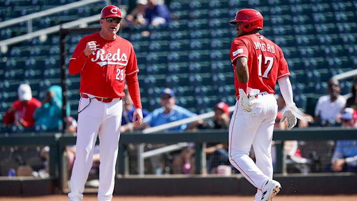 Cincinnati Reds center fielder Dane Myers (17) walks in the second inning of a Cactus League game between the Cincinnati Reds and Kansas City Royals, Tuesday, Feb. 24, 2026, at Goodyear Ballpark in Goodyear, Ariz.