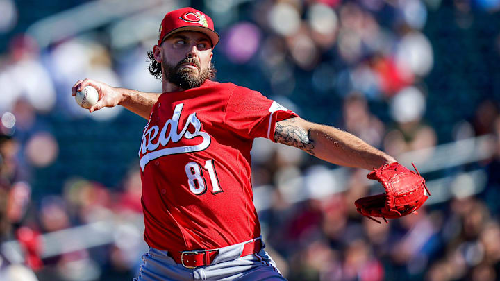 Cincinnati Reds pitcher Hagen Danner (81) delivers a pitch in the seventh inning of a Cactus League game between the Cincinnati Reds and Cleveland Guardians, Saturday, Feb. 21, 2026, at Goodyear Ballpark in Goodyear, Ariz.