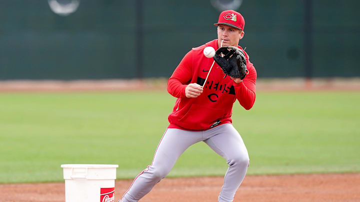 Matt McLain (9) run drills on the field during the first day of full squad workouts, Monday, Feb. 16, 2026, at the Cincinnati Reds player development complex in Goodyear, Ariz. Matt McLain (9) run drills on the field during the first day of full squad workouts, Monday, Feb. 16, 2026, at the Cincinnati Reds player development complex in Goodyear, Ariz.