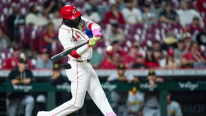 Cincinnati Reds shortstop Elly de la Cruz (44) hits a homer in the eighth inning of a MLB game between the Cincinnati Reds and Pittsburgh Pirates, Tuesday, March 31, 2026, at Great American Ball Park in downtown Cincinnati. Reds lost 8-3.