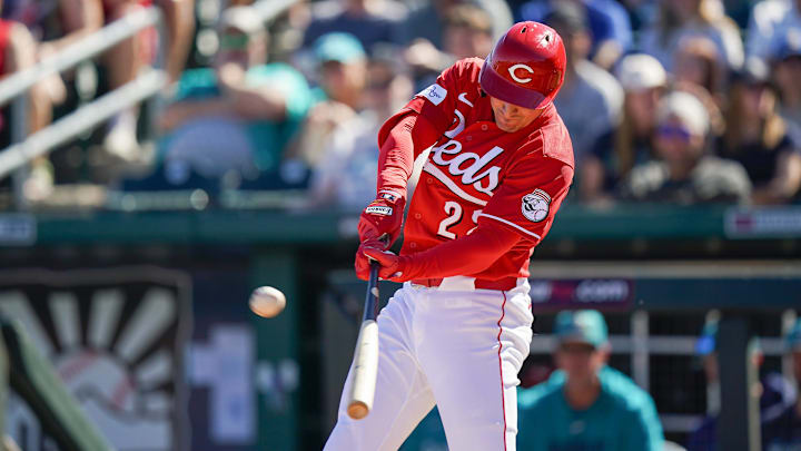 Cincinnati Reds left fielder JJ Bleday (22) hits a double RBI in the second inning of a Cactus League game between the Cincinnati Reds and Seattle Mariners, Sunday, Feb. 22, 2026, at Goodyear Ballpark in Goodyear, Ariz. Cincinnati Reds left fielder JJ Bleday (22) hits a double RBI in the second inning of a Cactus League game between the Cincinnati Reds and Seattle Mariners, Sunday, Feb. 22, 2026, at Goodyear Ballpark in Goodyear, Ariz.