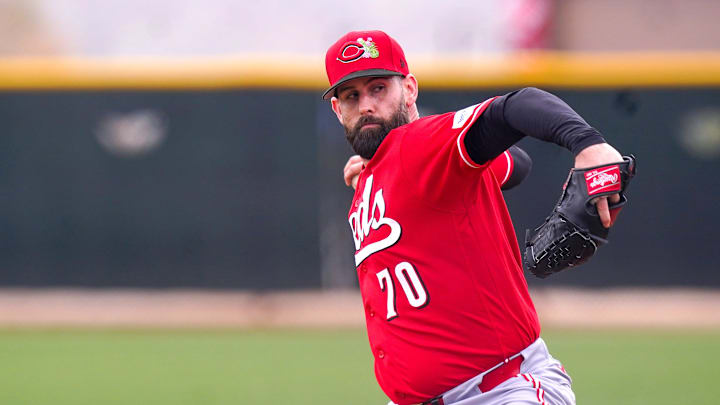 Cincinnati Reds pitcher Tejay Antone (70) throws during practice, Wednesday, Feb. 18, 2026, at the Cincinnati Reds player development complex in Goodyear, Ariz.
