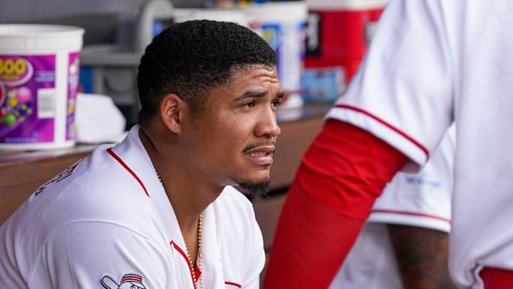 Cincinnati Reds right fielder Noelvi Marte (4) reacts to a 9-6 loss against the Los Angeles Angels, Sunday, April 12, 2026, at Great American Ball Park in downtown Cincinnati.