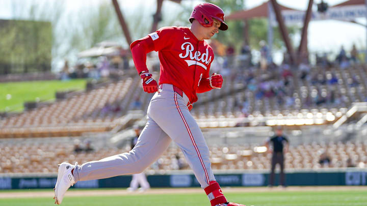 Cincinnati Reds right fielder JJ Bleday (22) runs the field after hitting a homer in the third inning of a Cactus League game between the Cincinnati Reds and Chicago White Sox, Wednesday, Feb. 25, 2026, at