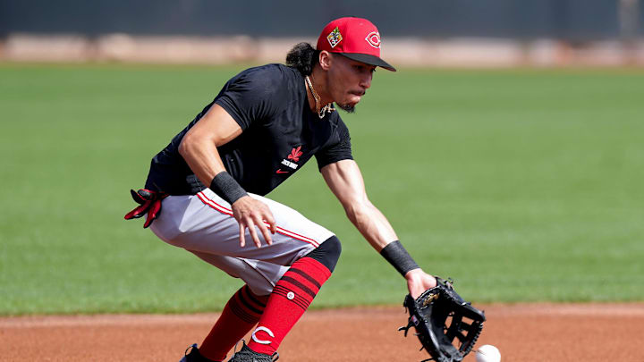 Cincinnati Reds shortstop Edwin Arroyo (56) runs drills , Sunday, Feb. 15, 2026, at the Cincinnati Reds player development complex in Goodyear, Ariz.