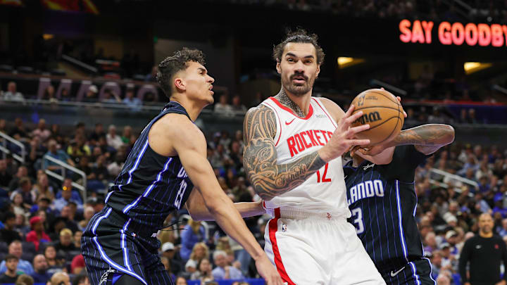 Mar 19, 2025; Orlando, Florida, USA; Orlando Magic forward Tristan da Silva (23) defends Houston Rockets center Steven Adams (12) during the second half at Kia Center. Mandatory Credit: Mike Watters-Imagn Images Mar 19, 2025; Orlando, Florida, USA; Orlando Magic forward Tristan da Silva (23) defends Houston Rockets center Steven Adams (12) during the second half at Kia Center. Mandatory Credit: Mike Watters-Imagn Images