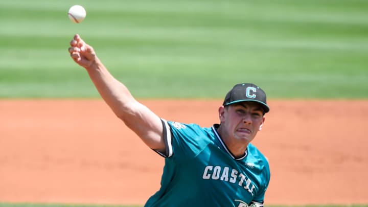 Coastal Carolina Chanticleer's Jacob Morrison (51) pitches against Auburn during game two of the NCAA Baseball Super Regonal at Plainsman Park in Auburn, Ala., on Friday June 6, 2025.