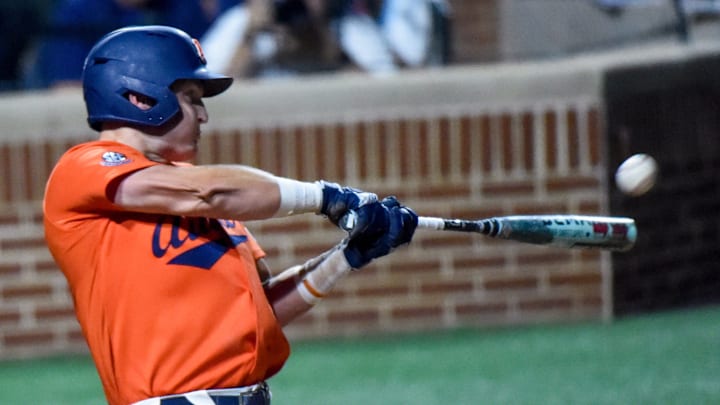 Auburn Tigers' Ike Irish (18) hits a three run home run against the NC State Wolfpack during the NCAA Regional Baseball Tournament at Plainsman Park in Auburn, Ala., on Sunday June 1, 2025.