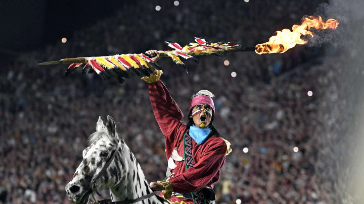 Oct 21, 2023; Tallahassee, Florida, USA; Florida State Seminoles symbols Osceola and Renegade during the game against the Duke Blue Devils at Doak S. Campbell Stadium. Mandatory Credit: Melina Myers-USA TODAY Sports