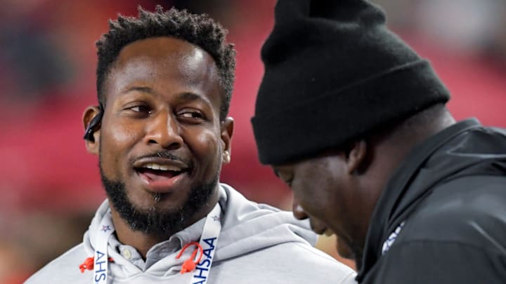 Auburn assistant coach Cadillac\" Williams looks on during the AHSAA Class 6A football state championship game at Bryant Denny Stadium in Tuscaloosa, Ala., on Friday December 8, 2023. Auburn assistant coach Cadillac\" Williams looks on during the AHSAA Class 6A football state championship game at Bryant Denny Stadium in Tuscaloosa, Ala., on Friday December 8, 2023.