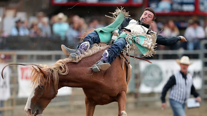 Bareback rider Bradlee Miller, of Hunstville, Texas