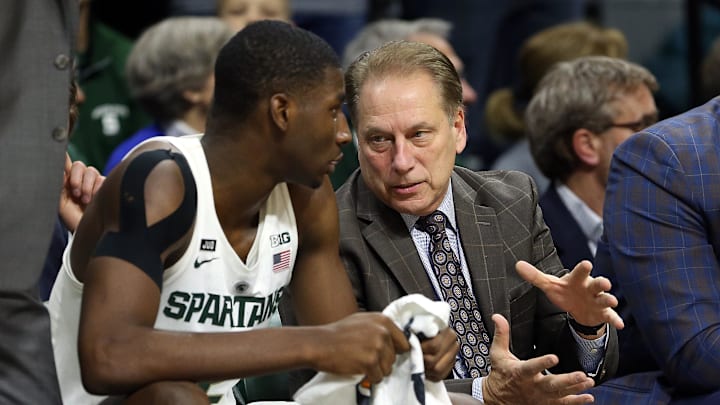 Dec 9, 2017; East Lansing, MI, USA; Michigan State Spartans head coach Tom Izzo talk with Michigan State Spartans forward Jaren Jackson Jr. (2) during the second half of a game against the Southern Utah Thunderbirds at Jack Breslin Student Events Center. Mandatory Credit: Mike Carter-Imagn Images Dec 9, 2017; East Lansing, MI, USA; Michigan State Spartans head coach Tom Izzo talk with Michigan State Spartans forward Jaren Jackson Jr. (2) during the second half of a game against the Southern Utah Thunderbirds at Jack Breslin Student Events Center. Mandatory Credit: Mike Carter-Imagn Images