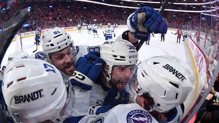 May 1, 2026; Montreal, Quebec, CAN; Tampa Bay Lightning forward Gage Goncalves (93) celebrates with teammates after scoring the winning goal against the Montreal Canadiens during the overtime period in game six of the first round of the 2026 Stanley Cup Playoffs at the Bell Centre. Mandatory Credit: Eric Bolte-Imagn Images May 1, 2026; Montreal, Quebec, CAN; Tampa Bay Lightning forward Gage Goncalves (93) celebrates with teammates after scoring the winning goal against the Montreal Canadiens during the overtime period in game six of the first round of the 2026 Stanley Cup Playoffs at the Bell Centre. Mandatory Credit: Eric Bolte-Imagn Images