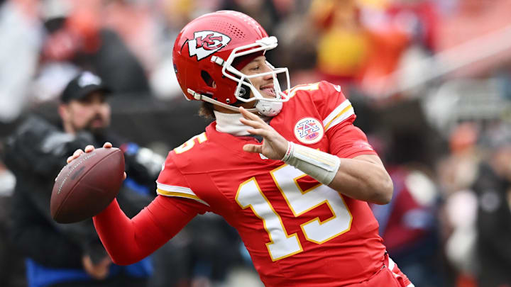 Dec 15, 2024; Cleveland, Ohio, USA; Kansas City Chiefs quarterback Patrick Mahomes (15) warms up before the game between the Cleveland Browns and the Chiefs at Huntington Bank Field. Mandatory Credit: Ken Blaze-Imagn Images