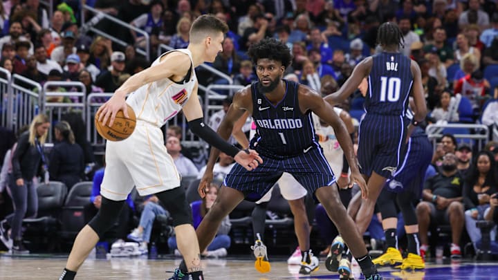 Feb 11, 2023; Orlando, Florida, USA; Orlando Magic forward Jonathan Isaac (1) defends Miami Heat guard Tyler Herro (14) during the second half at Amway Center. Mandatory Credit: Mike Watters-Imagn Images Feb 11, 2023; Orlando, Florida, USA; Orlando Magic forward Jonathan Isaac (1) defends Miami Heat guard Tyler Herro (14) during the second half at Amway Center. Mandatory Credit: Mike Watters-Imagn Images