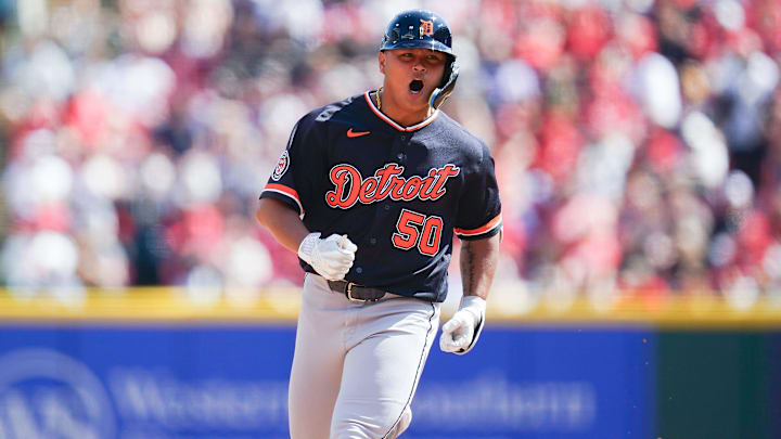Detroit Tigers second baseman Hao-Yu Lee celebrates as he runs the bases.