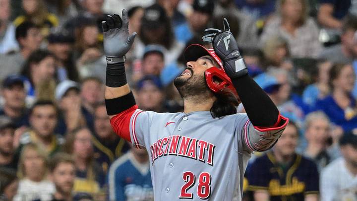Sep 13, 2026; Milwaukee, Wisconsin, USA; Cincinnati Reds third baseman Eugenio Suarez (28) reacts after hitting a three-run home run in the sixth inning against the Milwaukee Brewers at American Family Field. Mandatory Credit: Benny Sieu-Imagn Images Sep 13, 2026; Milwaukee, Wisconsin, USA; Cincinnati Reds third baseman Eugenio Suarez (28) reacts after hitting a three-run home run in the sixth inning against the Milwaukee Brewers at American Family Field. Mandatory Credit: Benny Sieu-Imagn Images