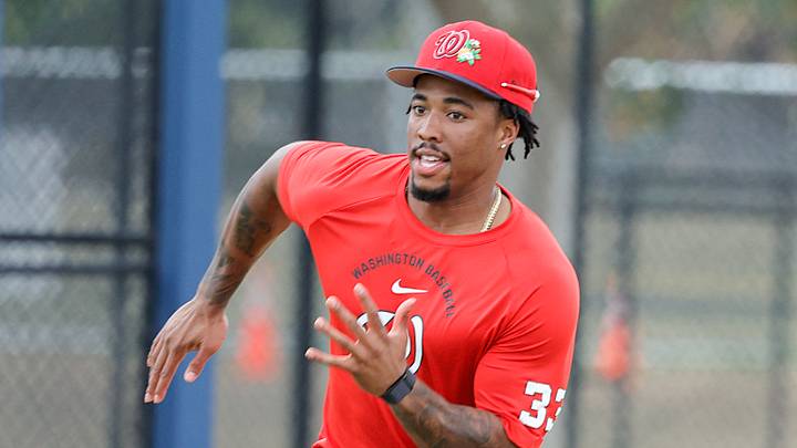Feb 19, 2026; West Palm Beach, FL, USA;  Washington Nationals left fielder Christian Franklin (33) rounds third base during spring training workouts at CACTI Park of the Palm Beaches. Mandatory Credit: Reinhold Matay-Imagn Images