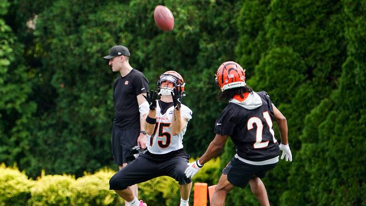 Cincinnati Bengals wide receiver Charlie Jones (15) runs drills during minicamp, Tuesday, June 16, 2026, at Kettering Health Practice Fields in downtown Cincinnati.
