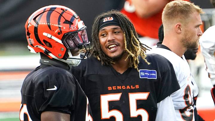 Cincinnati Bengals defensive end Cashius Howell (55) speaks with players during training camp, Friday, Aug. 7, 2026, at Paycor Stadium in Downtown Cincinnati. Cincinnati Bengals defensive end Cashius Howell (55) speaks with players during training camp, Friday, Aug. 7, 2026, at Paycor Stadium in Downtown Cincinnati.