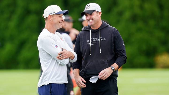 Chicago Bears head coach Ben Johnson, left, and Cincinnati Bengals head coach Zac Taylor, right, share a conversation during a joint training camp at the Kettering Health Practice Fields, Thursday, Aug. 20, 2026, in downtown Cincinnati. Chicago Bears head coach Ben Johnson, left, and Cincinnati Bengals head coach Zac Taylor, right, share a conversation during a joint training camp at the Kettering Health Practice Fields, Thursday, Aug. 20, 2026, in downtown Cincinnati.