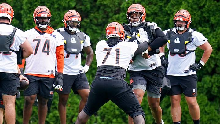 Cincinnati Bengals offense runs drills during practice on Tuesday, June 9, 2026, at Kettering Health Practice Fields in downtown Cincinnati. Cincinnati Bengals offense runs drills during practice on Tuesday, June 9, 2026, at Kettering Health Practice Fields in downtown Cincinnati.