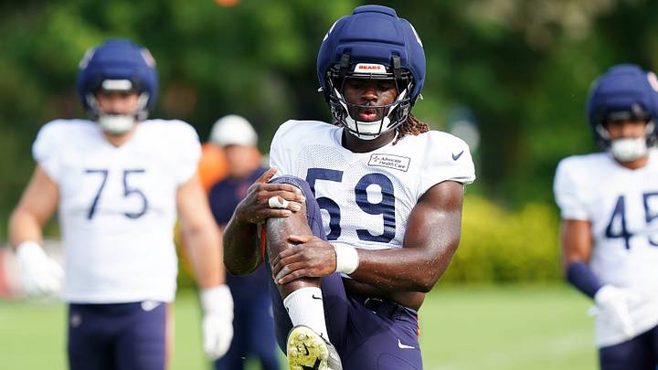 Chicago Bears defensive lineman Jamree Kromah (59) stretches during a joint training camp at the Kettering Health Practice Fields, Thursday, Aug. 20, 2026, in downtown Cincinnati. Chicago Bears defensive lineman Jamree Kromah (59) stretches during a joint training camp at the Kettering Health Practice Fields, Thursday, Aug. 20, 2026, in downtown Cincinnati.