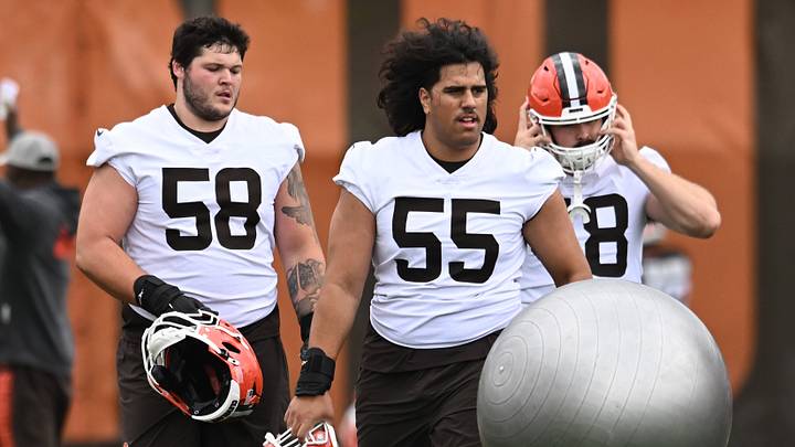 May 8, 2026; Berea, OH, USA; Cleveland Browns tackle Austin Barber (58) and offensive lineman Spencer Fano (55) during rookie minicamp at CrossCountry Mortgage Campus. Mandatory Credit: Ken Blaze-Imagn Images