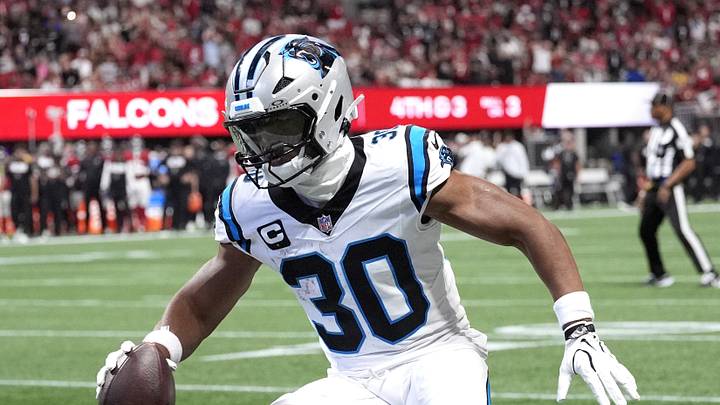 Sep 20, 2026; Atlanta, Georgia, USA;  Carolina Panthers running back Chuba Hubbard (30) scores a touchdown during the first quarter against the Atlanta Falcons at Mercedes-Benz Stadium.  Mandatory Credit: Dale Zanine-Imagn Images