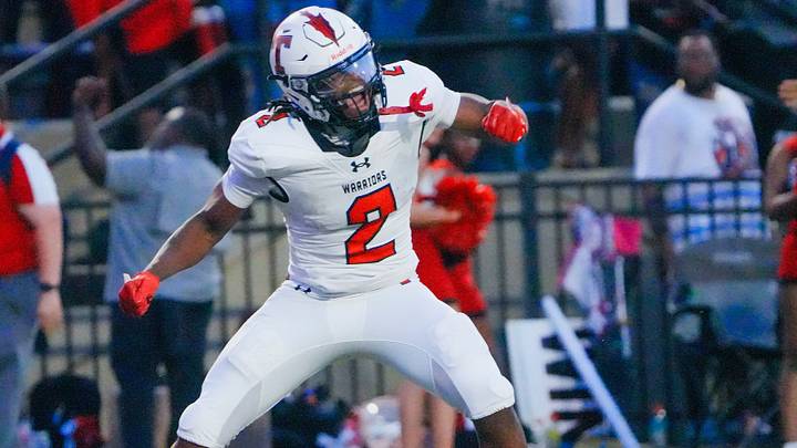Thompson's Mason McClure (2) celebrates a long reception against Central-Phenix City during the AHSAA Football Kickoff Classic Game in Phenix City, Ala., on Thursday August 20, 2026.