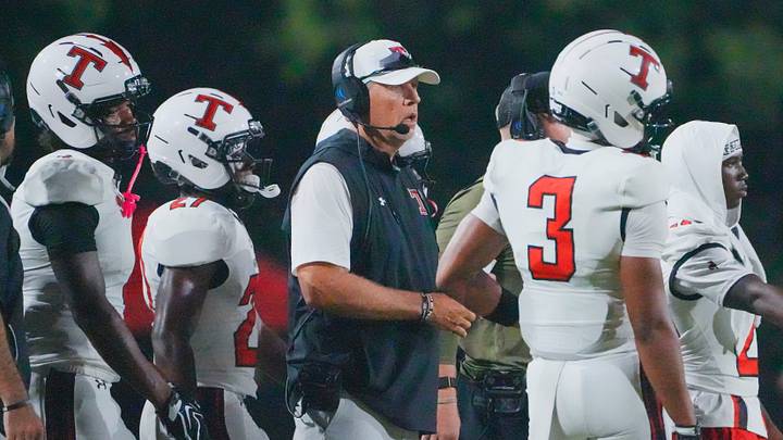 Thompson head coach Mark Freeman coaches against Central-Phenix City in the AHSAA Football Kickoff Classic Game in Phenix City, Ala., on Thursday August 20, 2026.