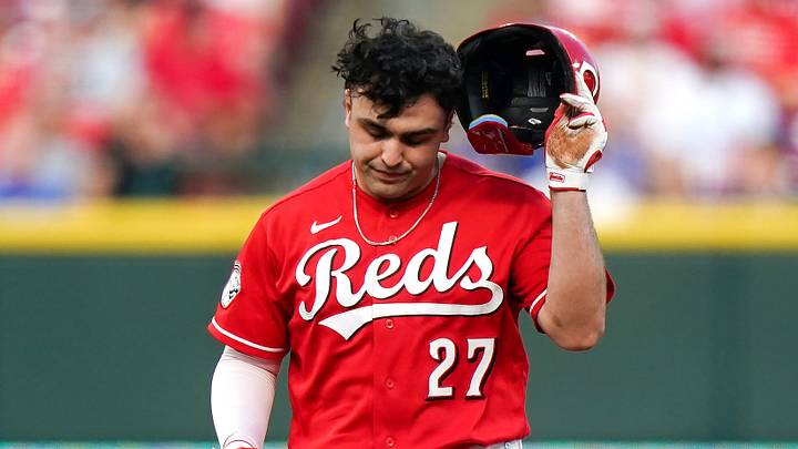 Cincinnati Reds first baseman Sal Stewart (27) walks off after being tagged out in the first inning of a MLB game between the Cincinnati Reds and Los Angeles Dodgers, Wednesday, Sept. 16, 2026, at Great American Ball Park in downtown Cincinnati. Cincinnati Reds first baseman Sal Stewart (27) walks off after being tagged out in the first inning of a MLB game between the Cincinnati Reds and Los Angeles Dodgers, Wednesday, Sept. 16, 2026, at Great American Ball Park in downtown Cincinnati.