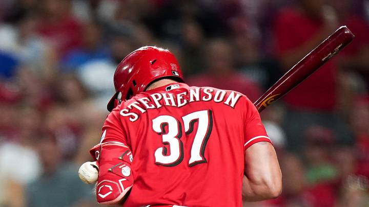 Cincinnati Reds designated hitter Tyler Stephenson (37) is hit by a pitch in the sixth inning of a MLB game between the Cincinnati Reds and Los Angeles Dodgers, Wednesday, Sept. 16, 2026, at Great American Ball Park in downtown Cincinnati. Cincinnati Reds designated hitter Tyler Stephenson (37) is hit by a pitch in the sixth inning of a MLB game between the Cincinnati Reds and Los Angeles Dodgers, Wednesday, Sept. 16, 2026, at Great American Ball Park in downtown Cincinnati.