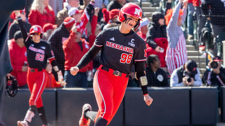 Nebraska pitcher/utility Jordy Frahm reacts after hitting a home run against UCLA. Nebraska pitcher/utility Jordy Frahm reacts after hitting a home run against UCLA.