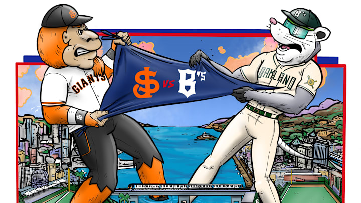 Reimagined Battle of the Bay poster with the San Jose Giants and Oakland Ballers mascots