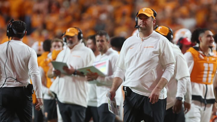 Oct 19, 2024; Knoxville, Tennessee, USA; Tennessee Volunteers head coach Josh Heupel looks on as a play under review is ruled a touchdown against the Alabama Crimson Tide in the fourth quarter at Neyland Stadium. Mandatory Credit: Alan Poizner-Imagn Images